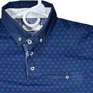 Arturo Calle Mens Polo Shirt Nautical Print Navy‎ Blue Short Sleeve Button Up L